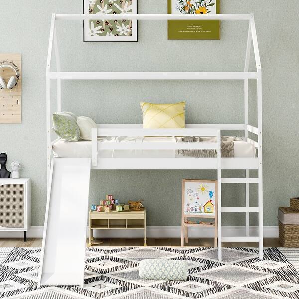 slide 2 of 9, Twin Size Wood Frame House-shaped Loft Bed with Slide, White White