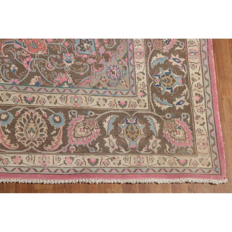 Traditional Pink Mashad Persian Vintage Rug Handmade Wool Carpet - 9'8"x 12'3"