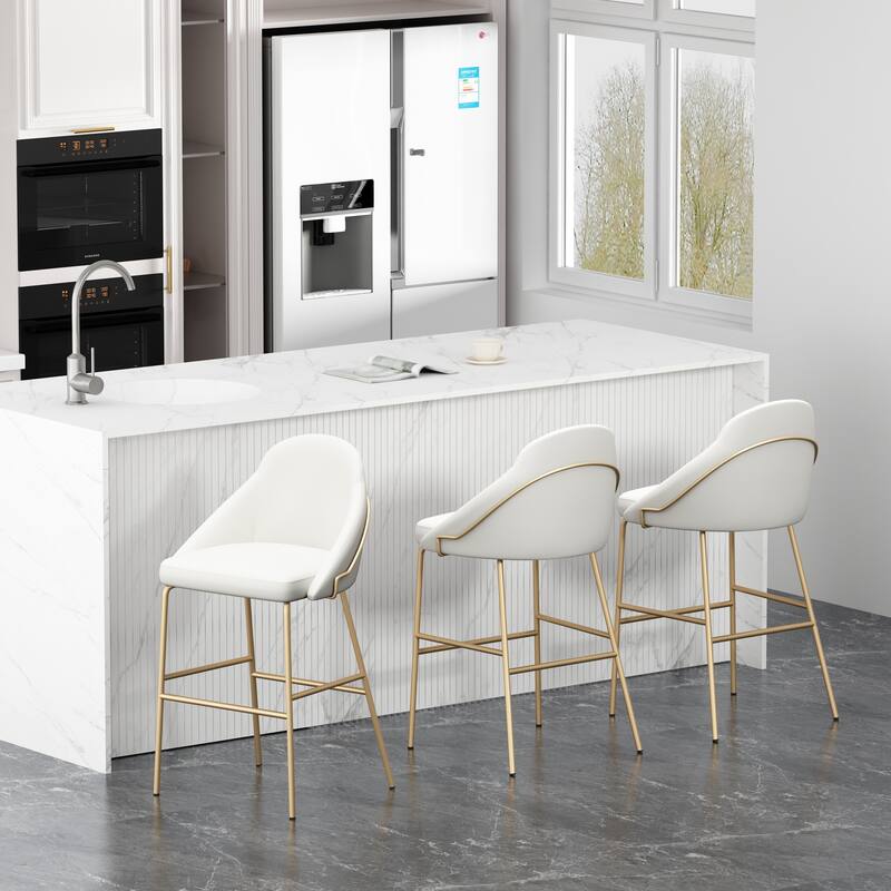 Manhattan Comfort Gracie Leatherette Counter Bar Stoool with Steel Legs - Set of 3 - White Gold - Bar Height