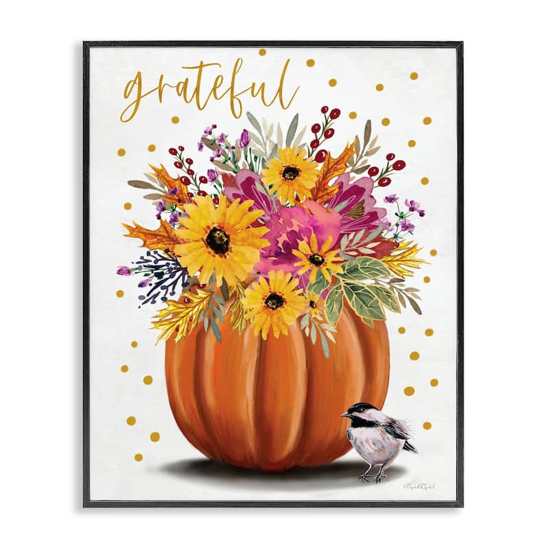 Stupell Grateful Pumpkin Bouquet Framed Giclee Art Design By Elizabeth Tyndall - 16 x 20 - Black