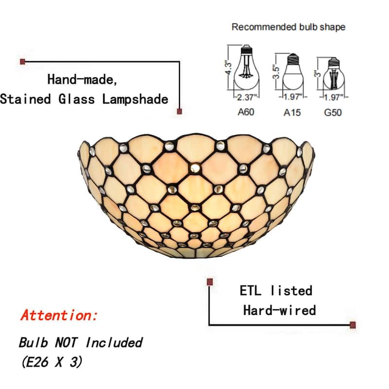 Anzio Tiffany Wall Sconce Antique Black & Art Stained Glass Shade with Crystal Beads