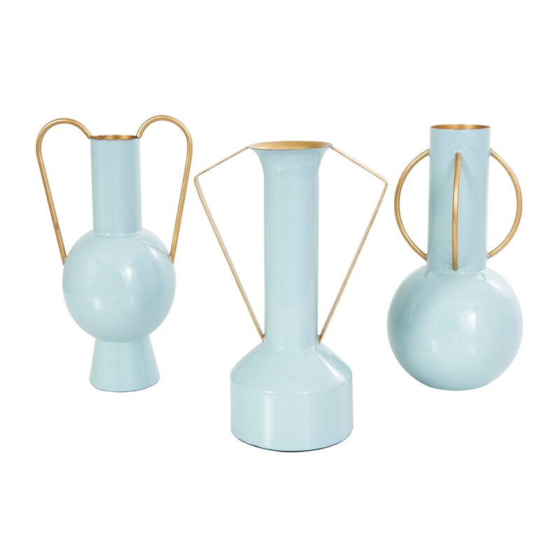 CosmoLiving by Cosmopolitan Light Blue or Cream Metal Abstract Vase with Varying Shapes and Geometric Gold Handles (Set of 3)