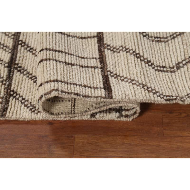 Geometric Ivory Moroccan Oriental Runner Rug Hand-Knotted Wool Carpet - 3'10"x 12'7"