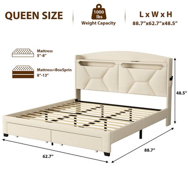 Wooden Queen Size Platform Bed with Storage Headboard and RF LED Lights