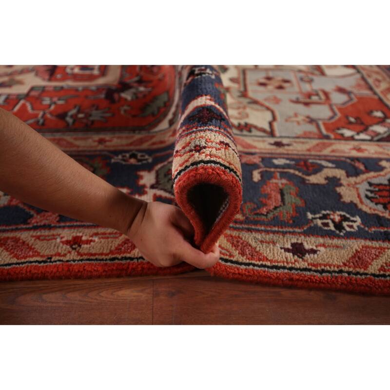 Orange Geometric Heriz Serapi Indian Area Rug Hand-Knotted Wool Carpet - 9'0"x 11'9"