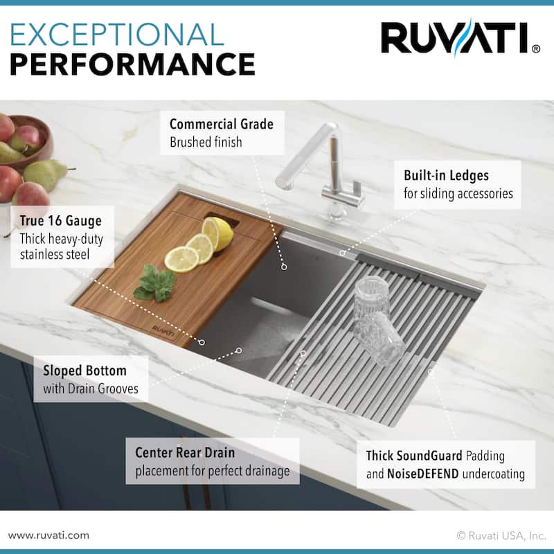 Ruvati 33-inch Workstation Ledge Undermount 16 Gauge Kitchen Sink Single Bowl - RVH8303
