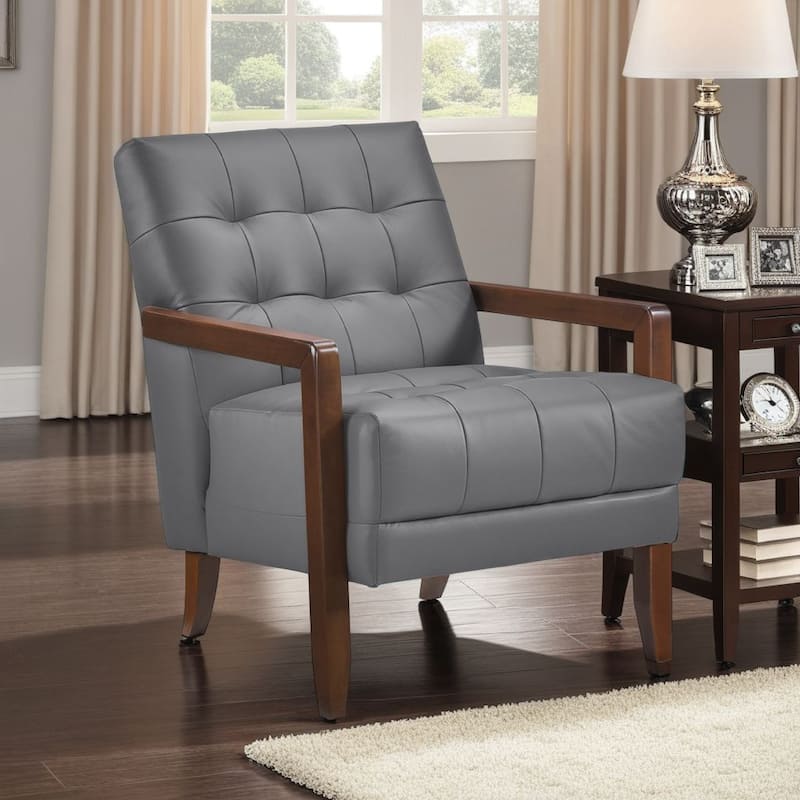 Lenie Accent Armchair, Button Tufted Dark Gray Leather, Brown Wood