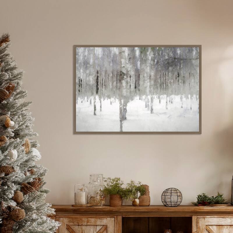 Birches In Fog by Kim Curinga Framed Canvas Wall Art Print - Sylvie Dark Gold