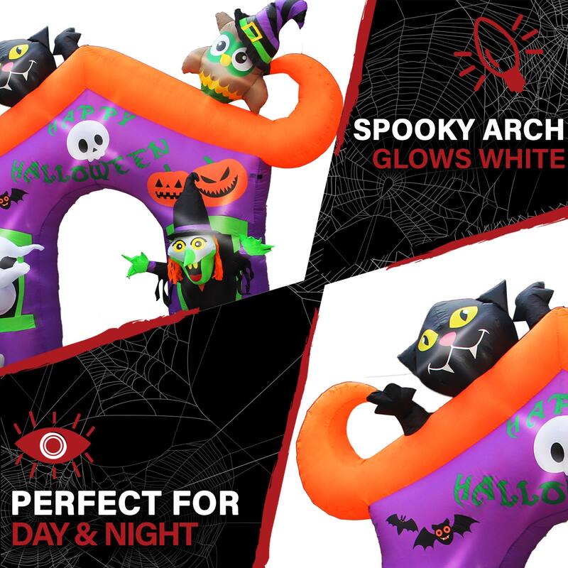 Haunted Hill Farm 10.5-ft. Prelit Inflatable Haunted House Arch with Ghost, Witch, Black Cat