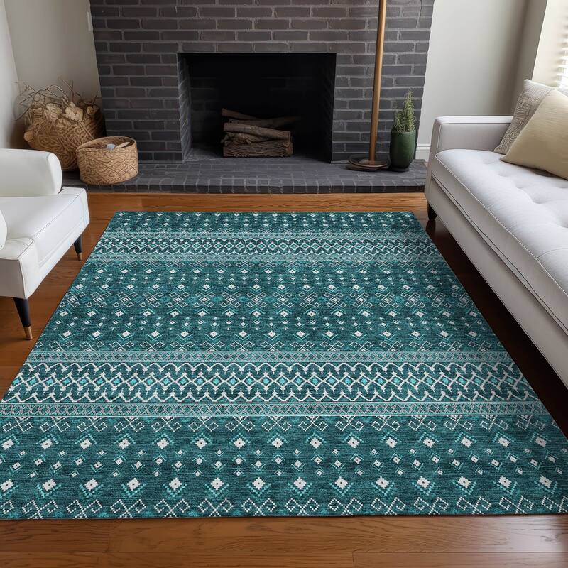 Machine Washable Indoor/ Outdoor Chantille Boho Morrocan Rug - Teal - 8' x 10'