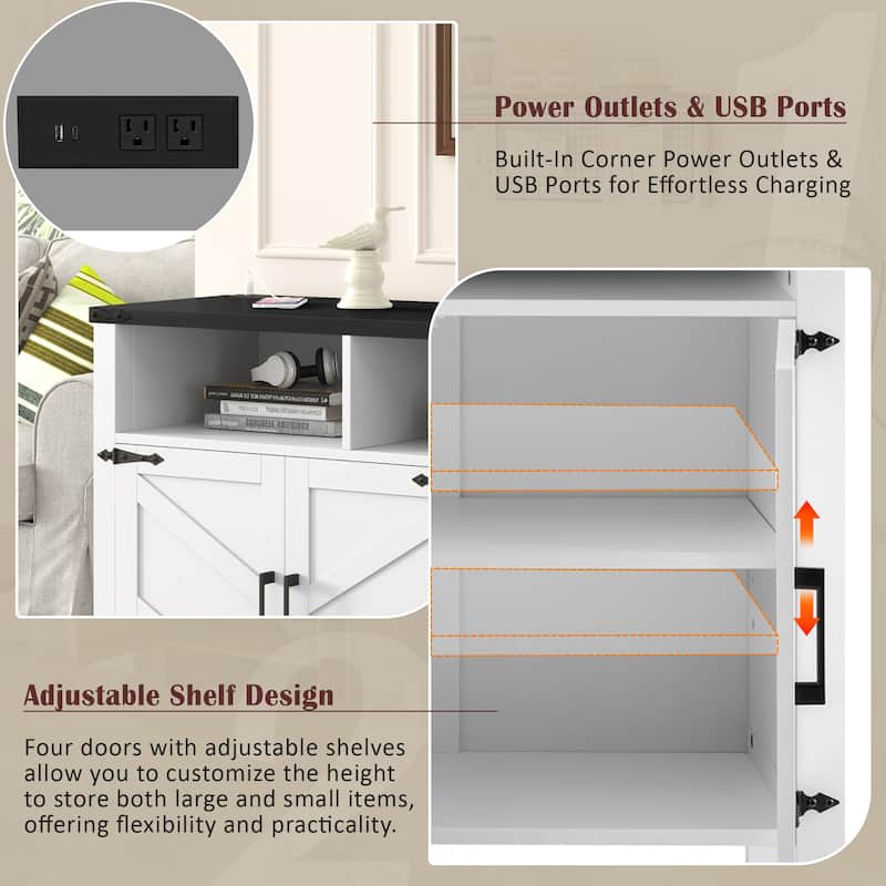 59" Modern 4-Door Sideboard Buffet with Power Outlets & USB Ports, Adjustable Shelves and Half-Open Storage Cabinet