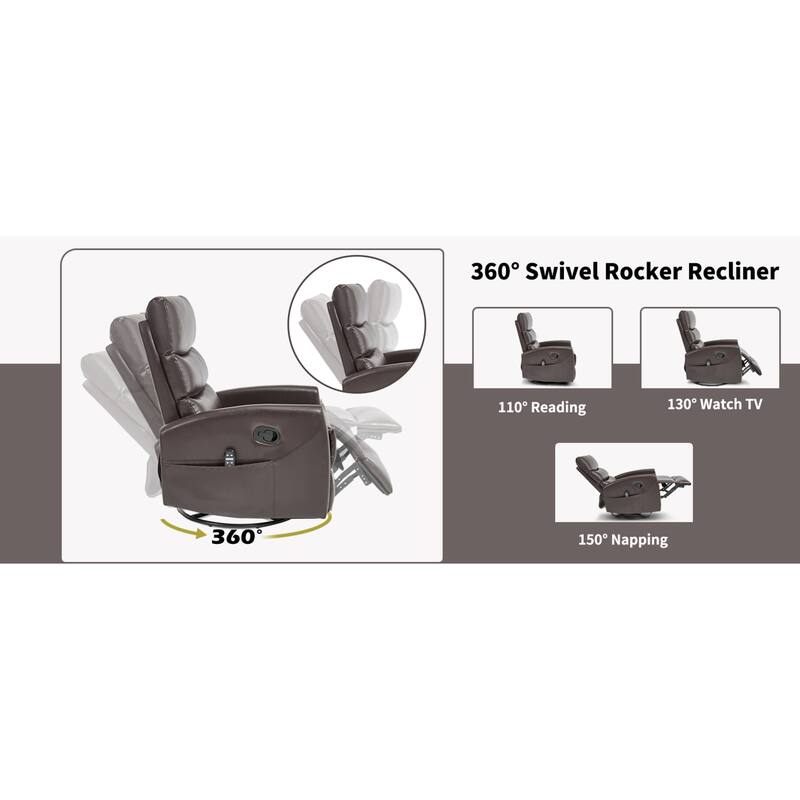 Roomfitters Manual Swivel Rocker Recliner Chair with Heat and Massage Fabric Glider Lounge Sofa for Living Room