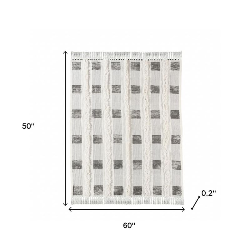 HomeRoots 60" X 50" Gray and White Woven Cotton Checkered Throw Blanket with Fringe