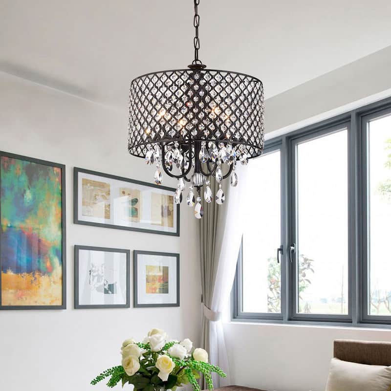 Black 4-Light Round Beaded Drum Chandelier with Crystals Hanging