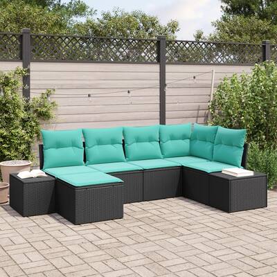 vidaXL 7 Piece Garden Sofa Set with Cushions Black Poly Rattan - 24 x 72 x 33 in