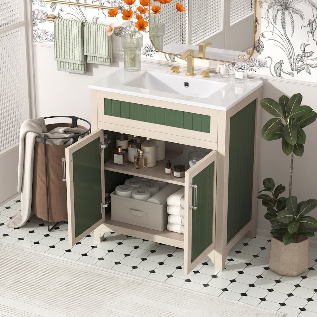 30" Wood Bathroom Vanity Cabinet with Ceramic Sink,Adjustable Shelf