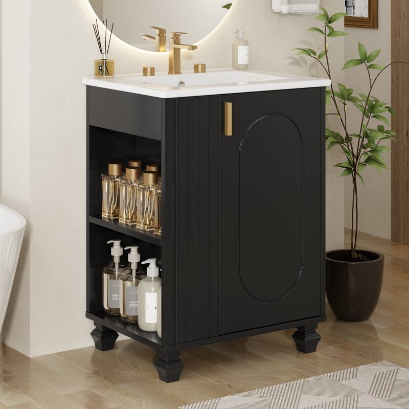 24" Bathroom Vanity with Ceramic Sink Freestanding Bathroom Storage Cabinet with Door Shelf and Side Open Storage