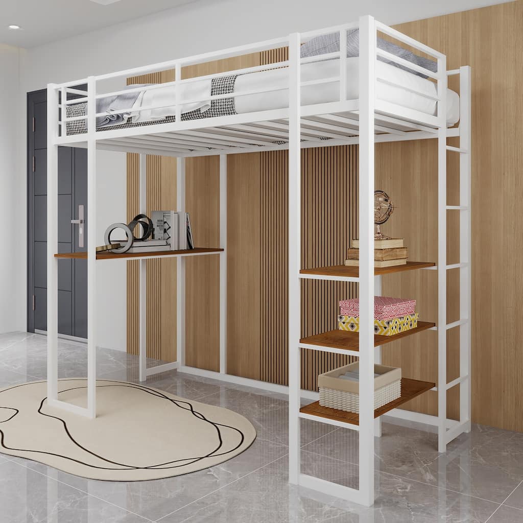 Space-Saving Iron Frame Bunk Bed with L-Shaped Desk and Dual Stairs