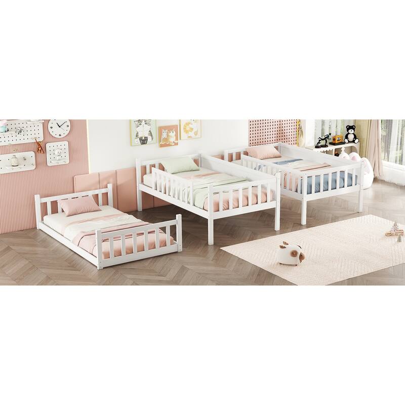 Roomfitters Twin Triple Bunk Bed, Rubber Wood Detachable Design with Ladders and Guardrails, Twin over Twin over Twin