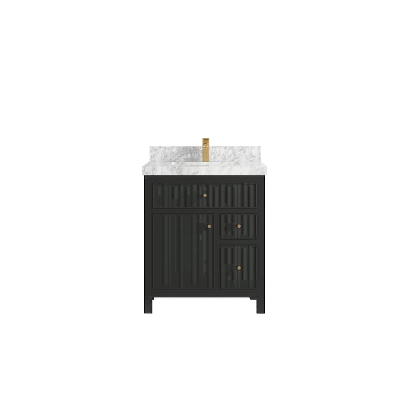 Willow Collections 30 in W x 22 in D Sonoma Free Standing Reeded Single Sink Bathroom Vanity with Countertop - 2" Carrara Marble - Black Top