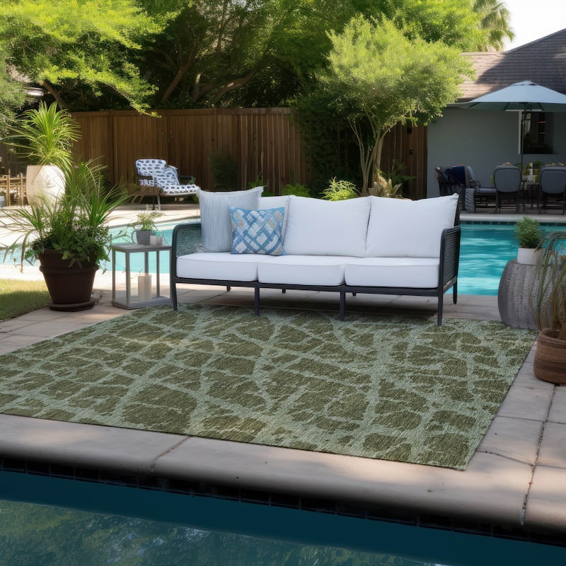 Machine Washable Indoor/ Outdoor Transitional Olive Crackle Chantille Rug - Olive - 5' x 7'6"
