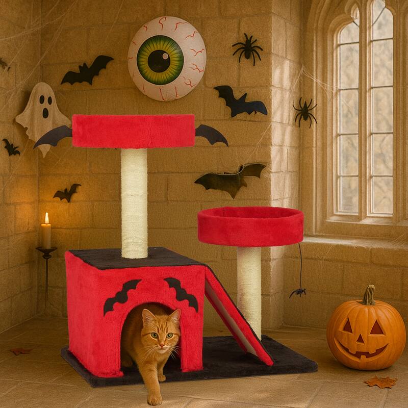26" Gothic Cat Tree with Condo, Perches, Scratching Posts & Toy