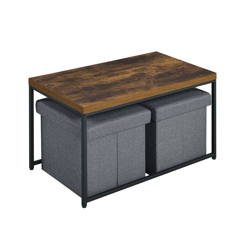 3 Piece Rectangle Coffee Table Set with Metal Base - Weathered Oak