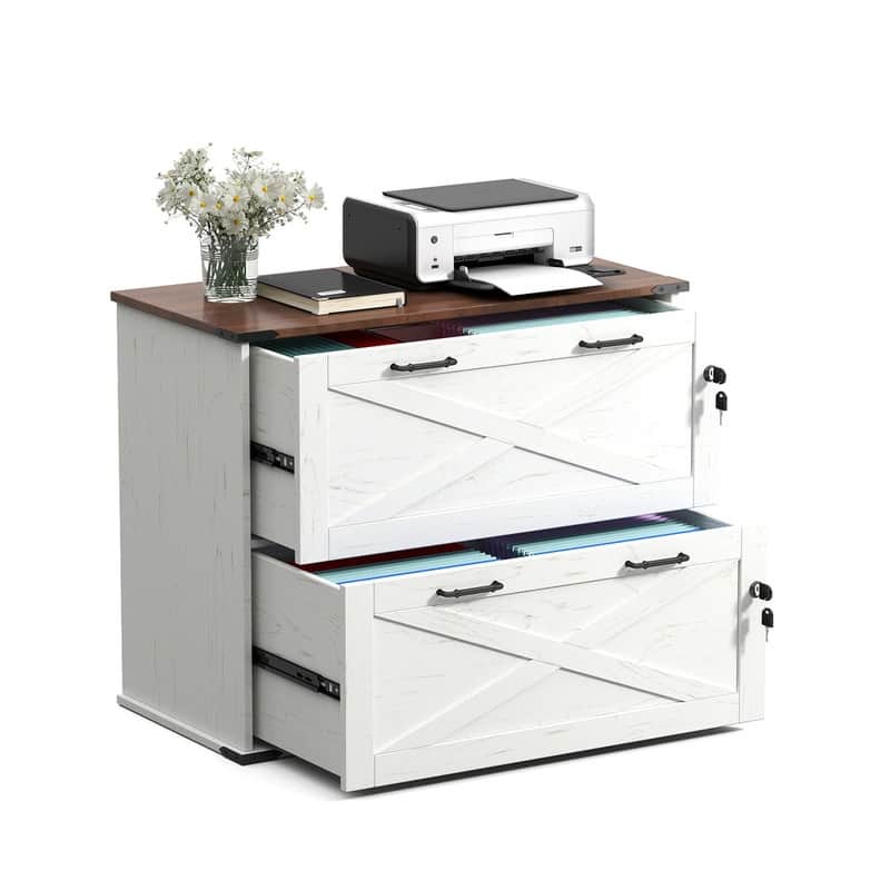 Barn Door Wooden 2 Drawers With Lock 25.79"H