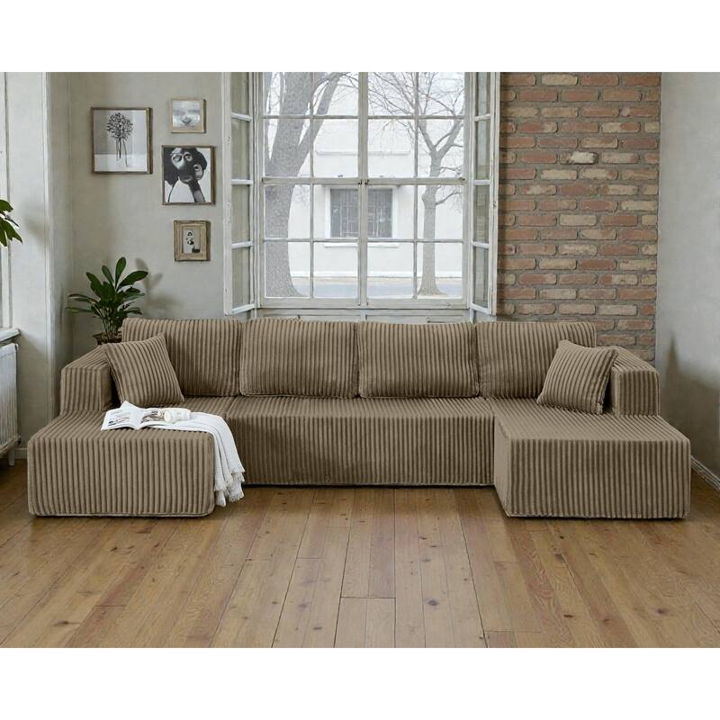 U Shaped Modular Sectional Sofa, Modern Minimalist Corduroy Compressed Couch, Sleeper Sofa for Living Room - Brown