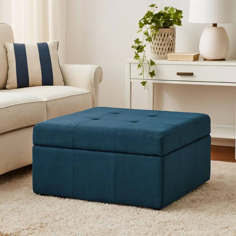 Low Accent Ottoman with Storage, 31 Inch Square, Tufted Navy Blue