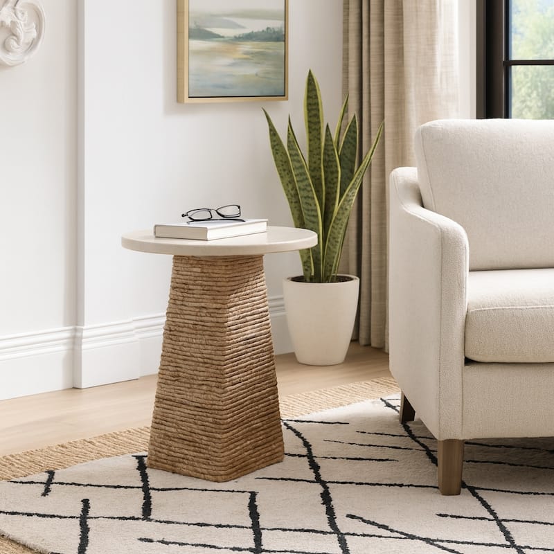 Stone and Marble Top Accent Table Pandan Hexagon Base - 20" Ivory - 17" x 17" x 20"
