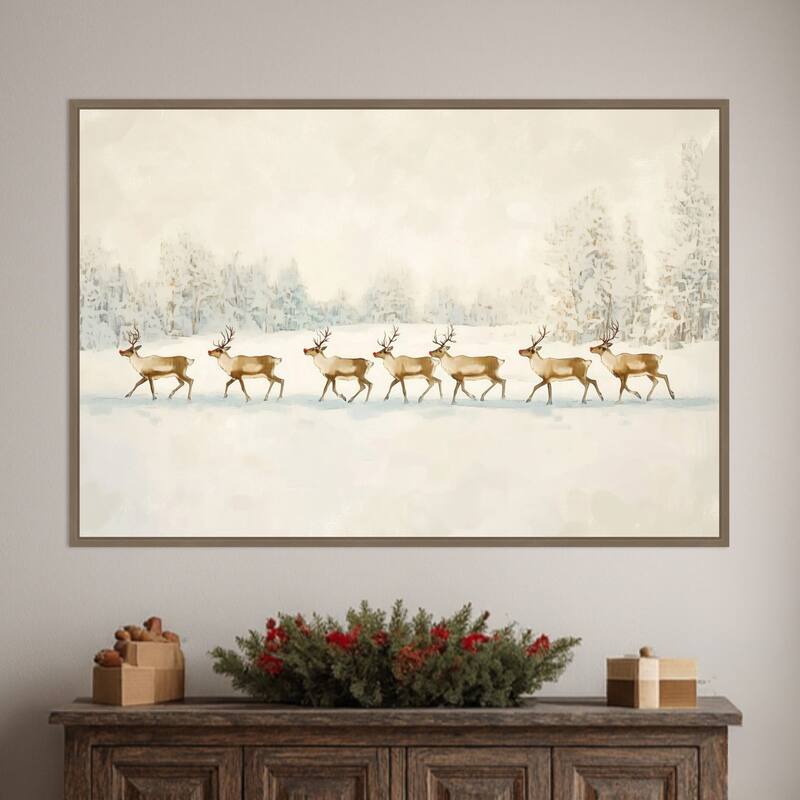 Winter Wonderland: Reindeer Procession by Melloi Art Prints Framed Canvas Wall Art Print - Sylvie Dark Gold