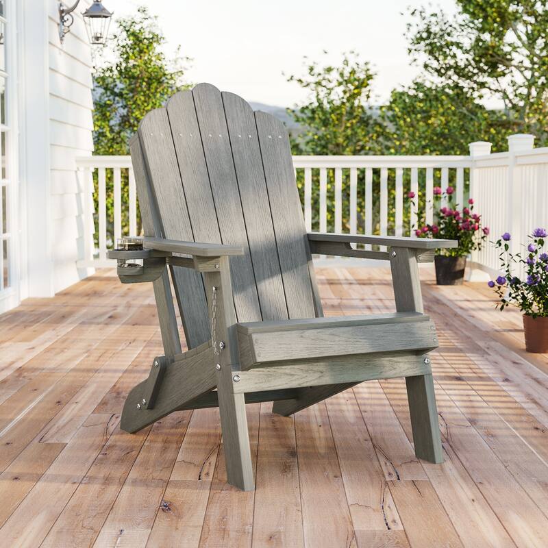 Foldable HDPE Adirondack Chair All-Weather W/ Cup Holder - LightGray - 1-Piece