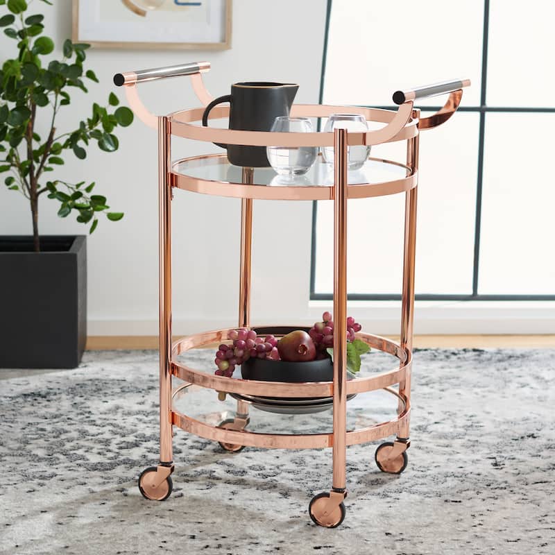 SAFAVIEH Bethel 2-Tier Round Bar Cart-Black Nickel / Glass - 23.8" x 19.9" x 34" - 24"Wx20"Dx34"H