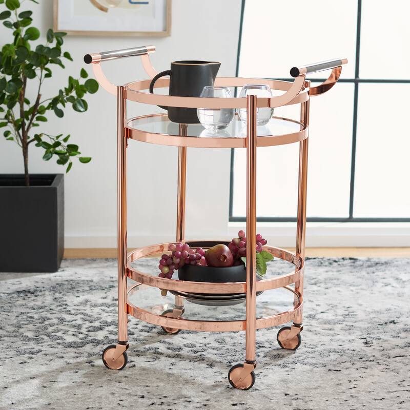 SAFAVIEH Sienna 2 Tier Round Bar Cart-Black Nickel / Glass. - 24" W x 20" D x 34" H