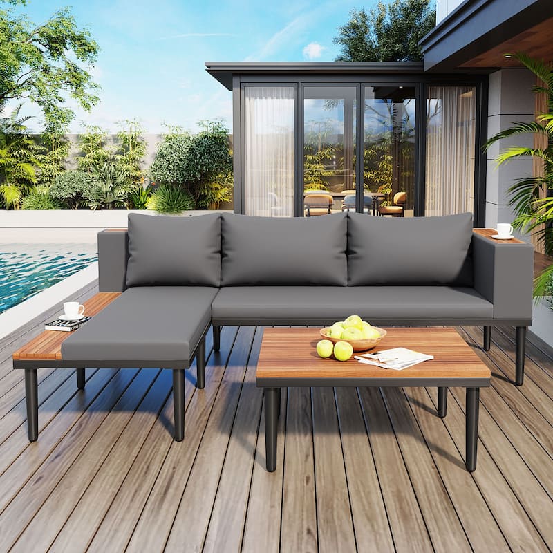 Outdoor L-Shaped Sectional Sofa Set with Coffee Table, Patio Acacia Wood Conversation Sofa Set for Backyard Porch - Gray