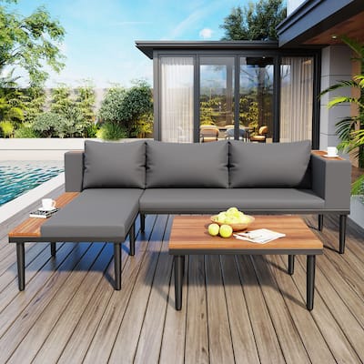 Patio Furniture Set with Removable Cushions,Coffee Table, L-Shaped Acacia Wood Sofa and Side table