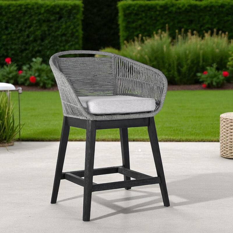 HomeRoots 38" Light Gray Solid Wood Low back Outdoor Bar Height chair with Footrest - Light Gray