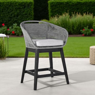 HomeRoots 38" Light Gray Solid Wood Low back Outdoor Bar Height chair with Footrest