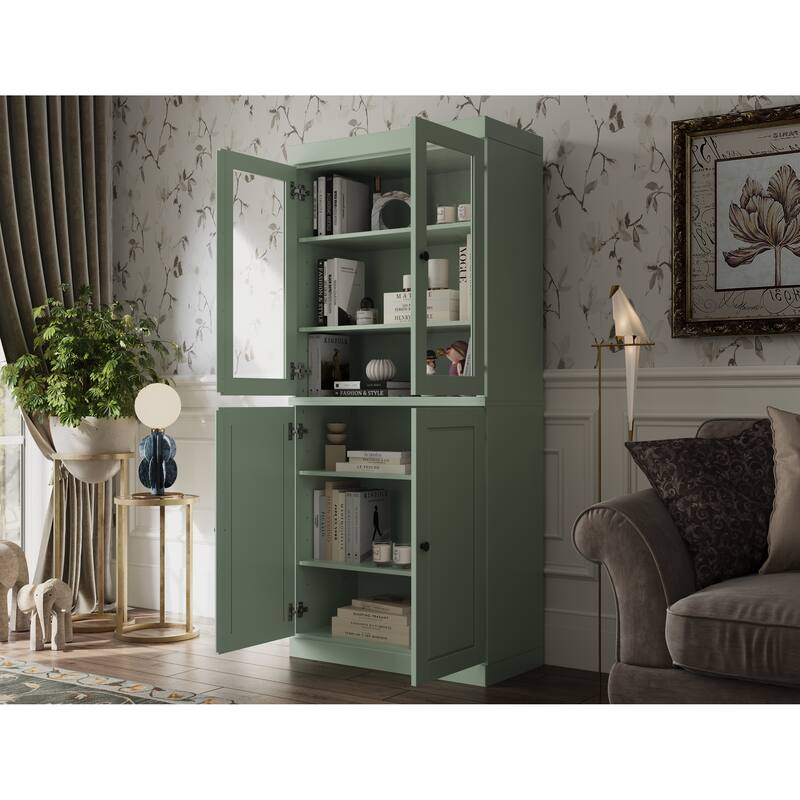 Palace Imports Solid Wood 6-Shelf Bookcase, Raised Panel Clear Glass Doors, Adjustable Shelves