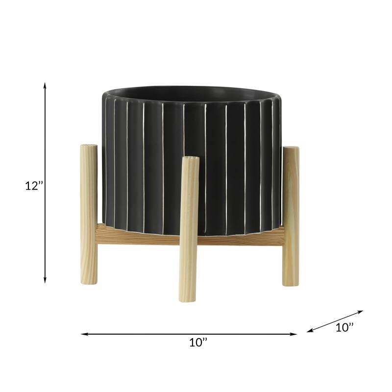 Ceramic Fluted Planter with Wood Stand - Black