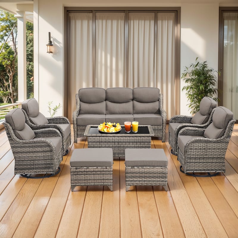 Gymojoy 8-Piece Patio Furniture Set with Swivel Glider Chairs, 6-Inch Ultra-Plush Cushions & Water-Resistant Olefin Fabric