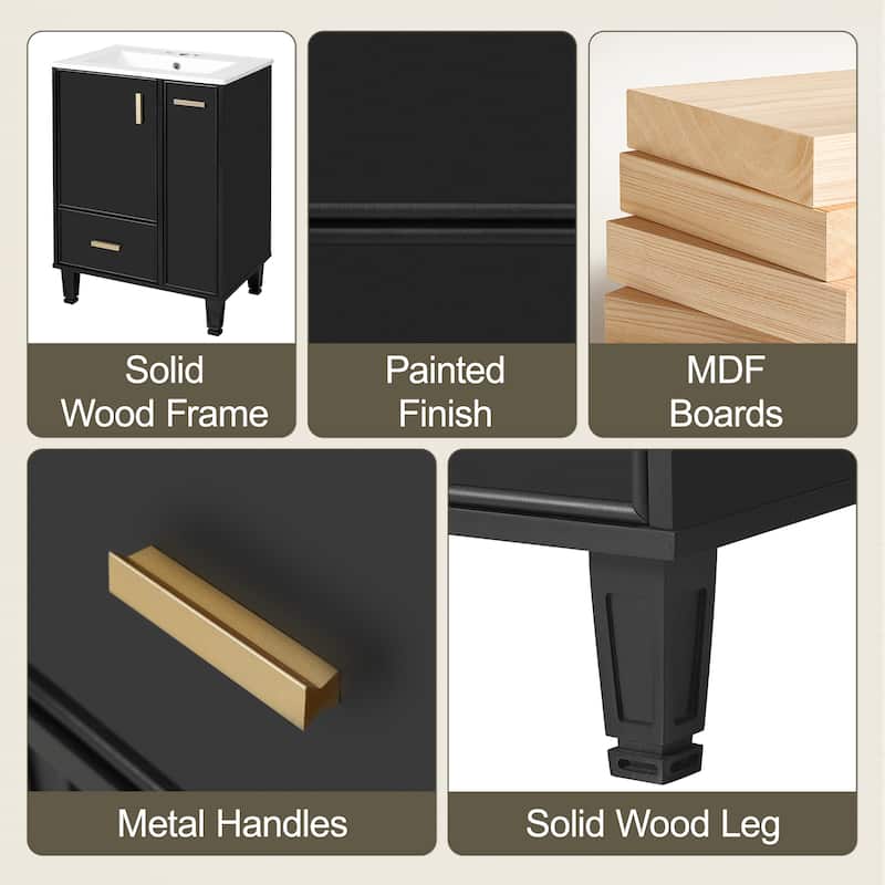24"Bathroom Vanity with Sink, Bathroom Cabinet with Door Shelf, Deep Drawer, 2-Tier Pull-Out Basket, Solid Wood and MDF Board