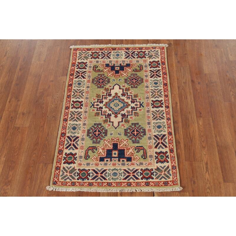 Pistachio Green Geometric Kazak Oriental Rug Hand-Knotted Wool Carpet - 2'1"x 2'10"