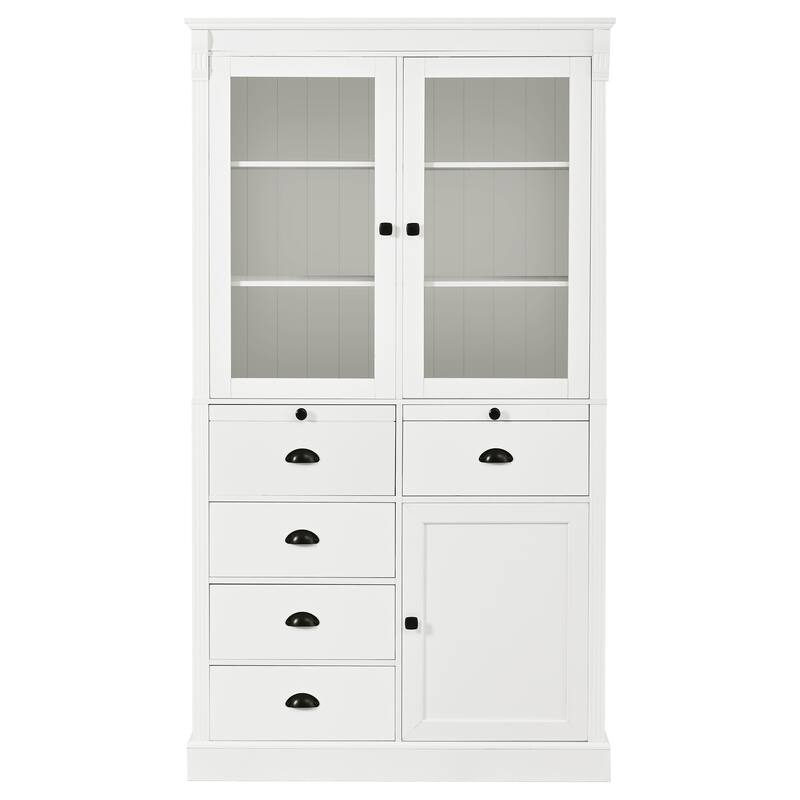 72''H Kitchen Pantry, Display Storage Cabinet with Glass Doors and Drawers, Serving Trays and Shelves