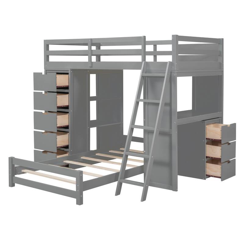 Twin Over Twin Solid Pine Bunk Bed with Drawers, Shelves, Desk with LED & USB Ports