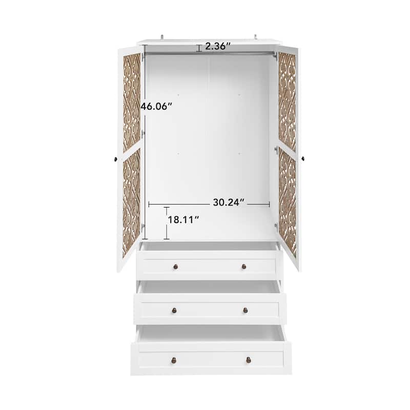 Roomfitters Wardrobe with 2 Doors and 3 Drawers, Hollow Pattern Armoire Closet Storage Cabinet, White