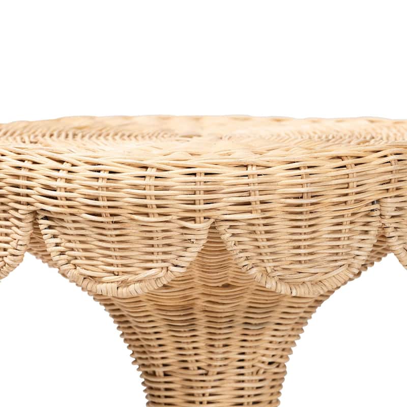 Natala Rattan End Table - Handwoven Wicker Tulip Accent Table, Scalloped Edge Side Table for Living Room