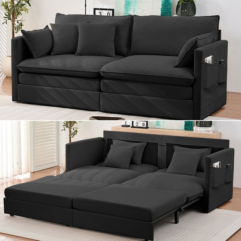 Mixoy 77.95'' lce Velvet 3-in-1 Convertible Loveseat Sleeper Sofa Bed with Side Pockets,Pull Out into Chaise Lounge/Sleeper Bed - Black - 77.95''*83''*29.53''