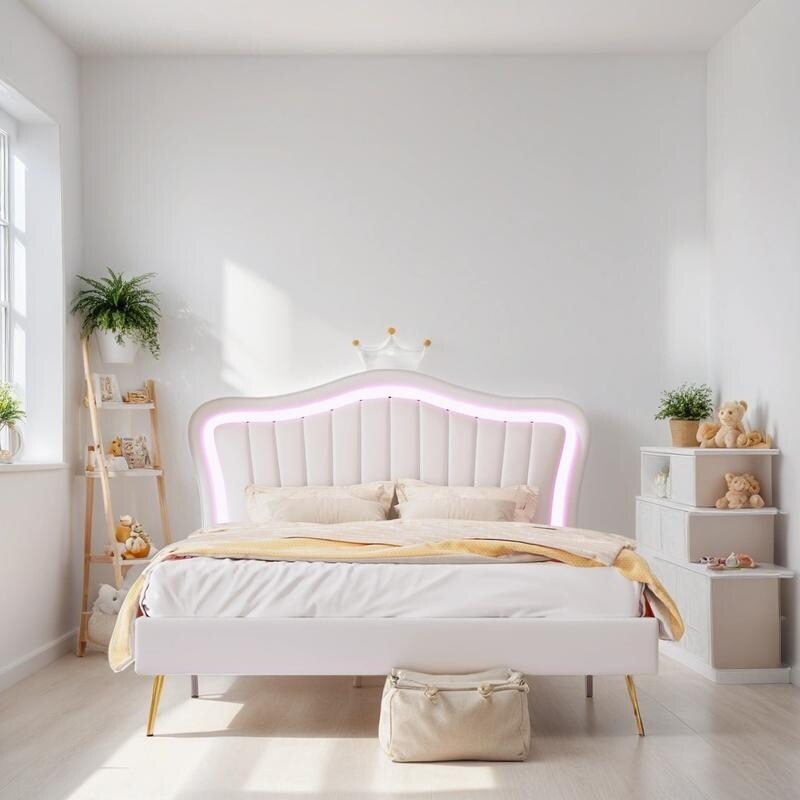 Modern Queen Size Upholstered Bed Frame with LED Lights Princess Wooden Platform Bed With Crown Headboard White